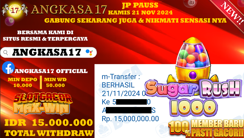 ANGKASA17 id : q14***** JACKPOT SLOT Sugar Rush 1000 Rp. 15.000.000 ,- LUNAS