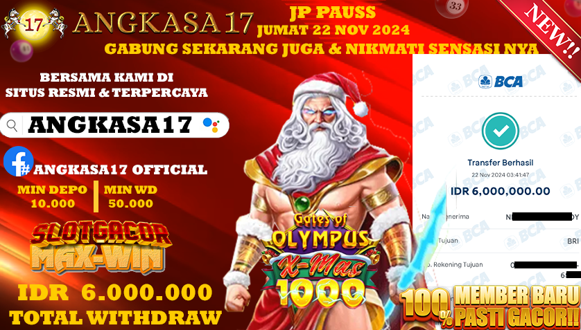 ANGKASA17 id : q16***** JACKPOT SLOT Gates of Olympus 1000 Rp. 6.000.000 ,- LUNAS