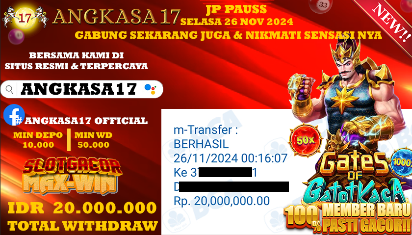ANGKASA17 id : q19***** JACKPOT SLOT Gates of Gatotkaca Rp. 20.000.000 ,- LUNAS