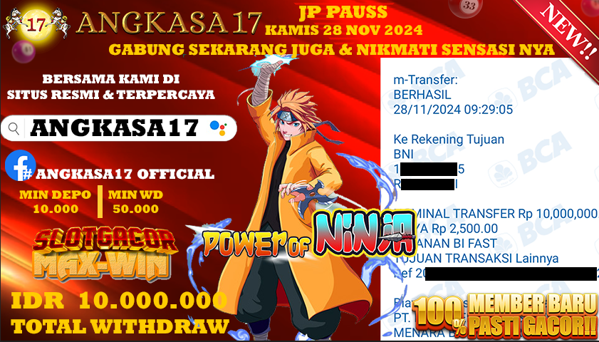 ANGKASA17 id : q29***** JACKPOT SLOT Power Of Ninja Rp. 10.000.000 ,- LUNAS