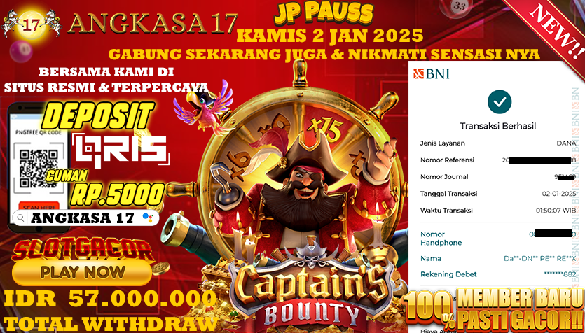ANGKASA17 id : LK12***** JACKPOT SLOT Captain Bounty Rp. 57.000.000 ,- LUNAS