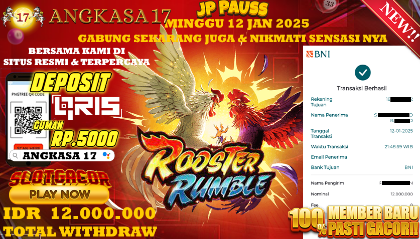 ANGKASA17 id : J12***** JACKPOT SLOT Rooster Rumble Rp. 12.000.000 ,- LUNAS