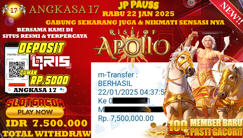ANGKASA17 id : yrt***** JACKPOT SLOT RISE OF APOLLO Rp. 7.500.000 ,- LUNAS
