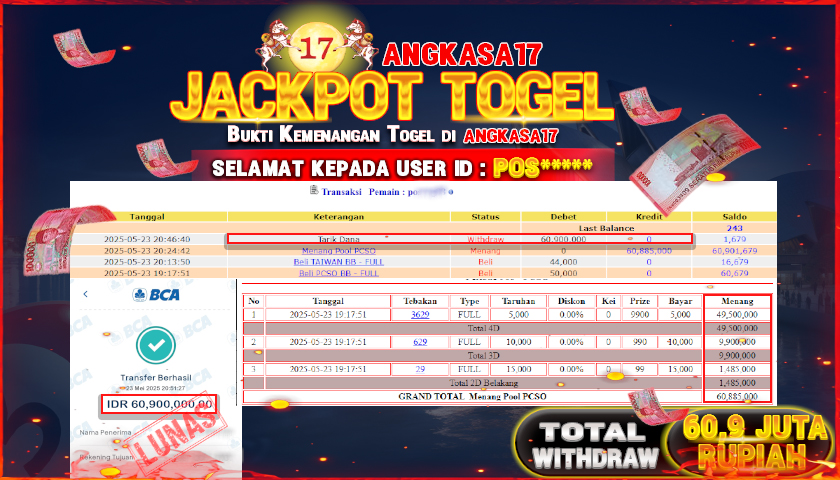 ANGKASA17 id : POS** JACKPOT TOGEL PCSO DENGAN TOTAL WITHDRAW Rp. 60.900.000 ,- LUNAS