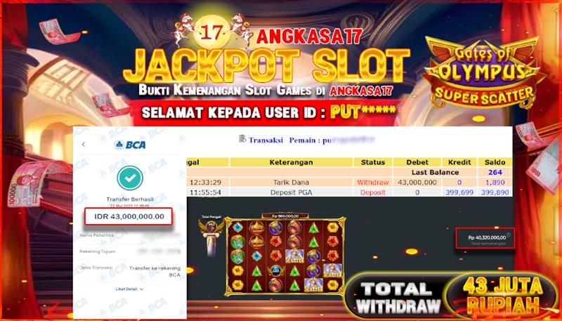 ANGKASA17 id : PUT** JACKPOT SLOT OLYMPUS SUPER SCATTER DENGAN TOTAL WITHDRAW Rp. 43.000.000 ,- LUNAS