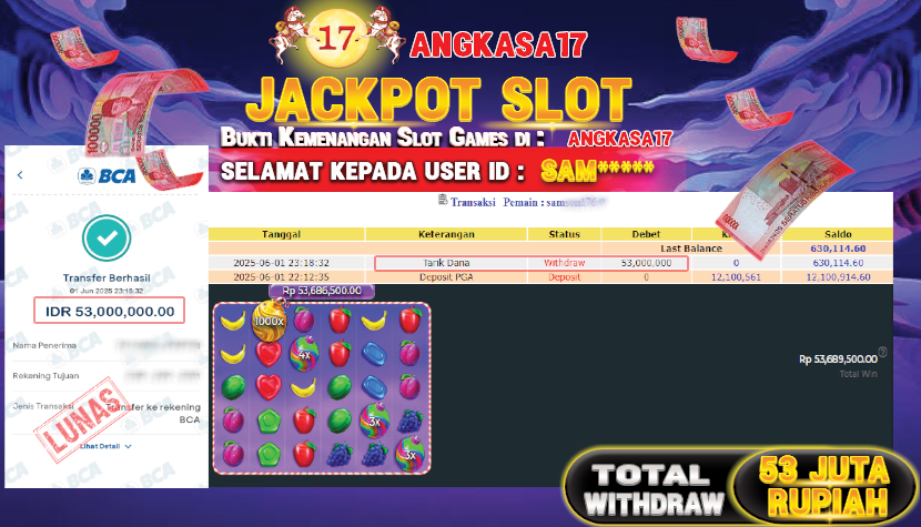 ANGKASA17 id : SAM*** JACKPOT SLOT SWEET BONANZA 1000 Rp. 53.000.000 ,- LUNAS