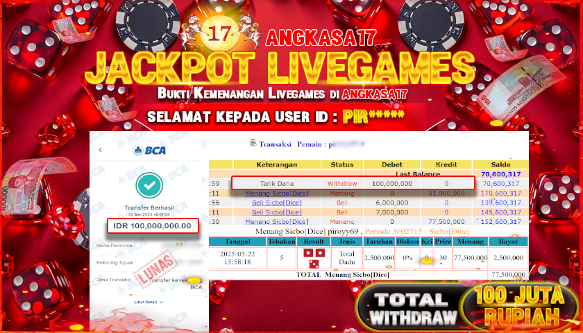 ANGKASA17 id : PIR** JACKPOT LIVE GAMES SICBO DENGAN TOTAL WITHDRAW Rp. 100.000.000 ,- LUNAS