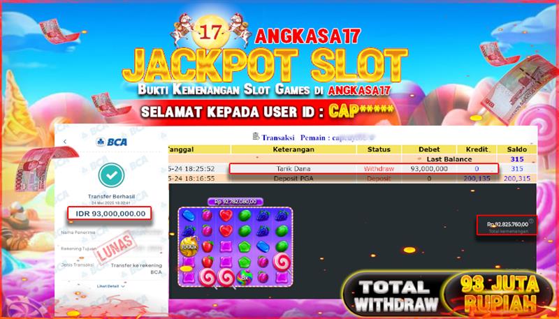ANGKASA17 id : CAP** JACKPOT SLOT SWEET BONANZA 1000 DENGAN TOTAL WITHDRAW Rp. 93.000.000 ,- LUNAS