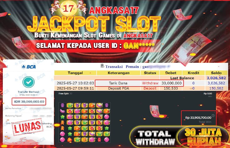 ANGKASA17 id : GAN*** JACKPOT SLOT SUGAR RUSH 1000 Rp. 30.000.000 ,- LUNAS