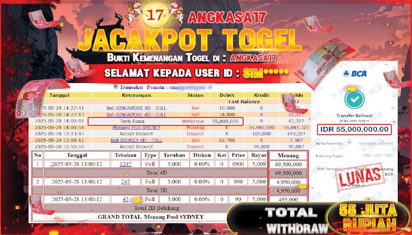 ANGKASA17 id : SIM*** MENANG BESAR PADA TOGEL PASARAN SYDNEY LOTTO  Rp. 55.000.000 ,- LUNAS