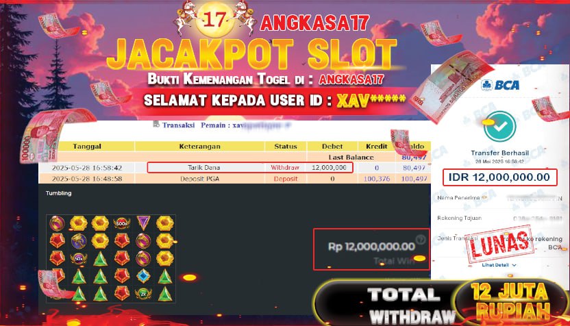 ANGKASA17 id : XAV*** JACKPOT SLOT GATES OF OLYMPUS 1000 Rp. 12.000.000 ,- LUNAS