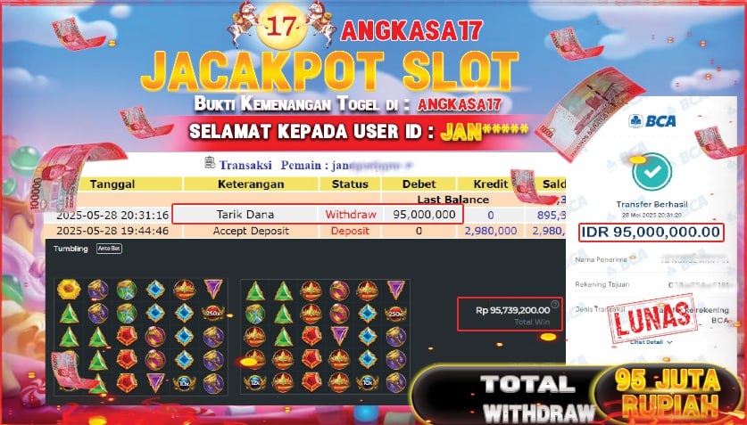 ANGKASA17 id : JAN*** JACKPOT SLOT GATES OF OLYMPUS SUPER SCATTER Rp. 95.000.000 ,- LUNAS
