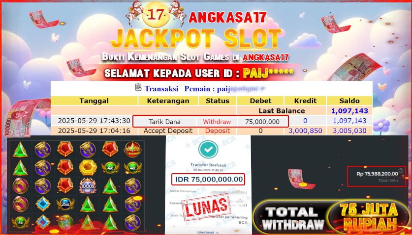 ANGKASA17 id : PAIJ*** JACKPOT SLOT GATES OF OLYMPUS 1000 Rp. 75.000.000 ,- LUNAS