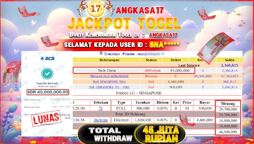 ANGKASA17 id : SNA*** KEMENANGAN BESAR PADA TOGEL SINGAPORE Rp. 45.000.000 ,- LUNAS