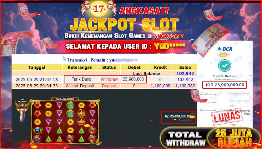 ANGKASA17 id : YUD*** JACKPOT SLOT GATES OF OLYMPUS SUPER SCATTER Rp. 25.900.000 ,- LUNAS