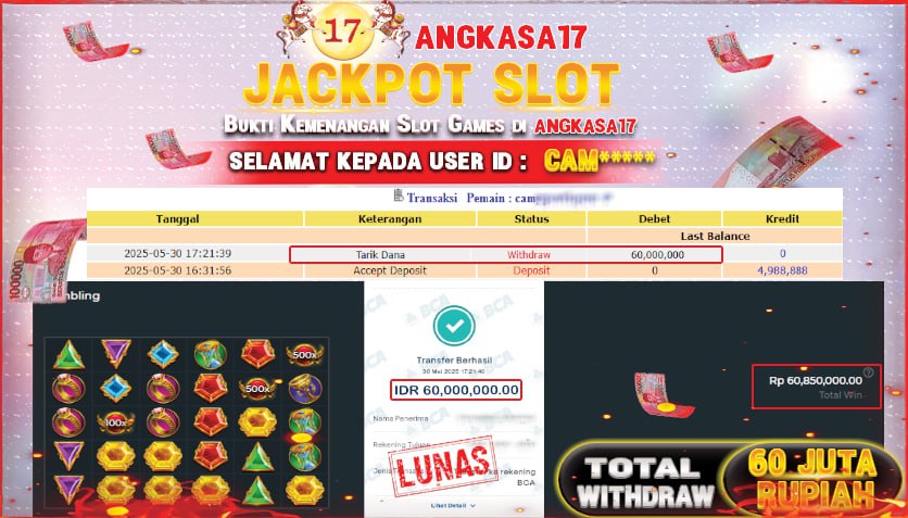ANGKASA17 id : CAM*** JACKPOT SLOT GATES OF OLYMPUS 1000 Rp. 60.000.000 ,- LUNAS