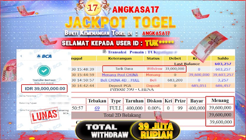 ANGKASA17 id : TUK*** KEMENANGAN BESAR PADA TOGEL PASARAN CHINA Rp. 39.000.000 ,- LUNAS
