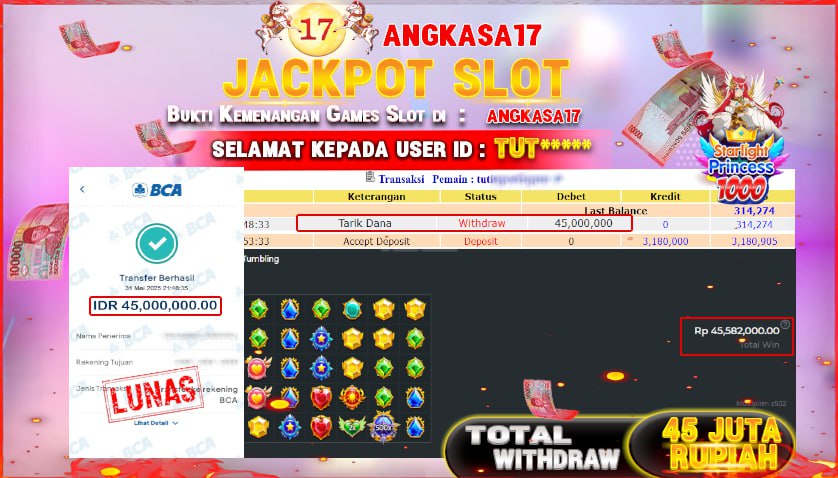 ANGKASA17 id : TUT*** JACKPOT SLOT STARLIGHT PRINCESS 1000 Rp. 45.000.000 ,- LUNAS