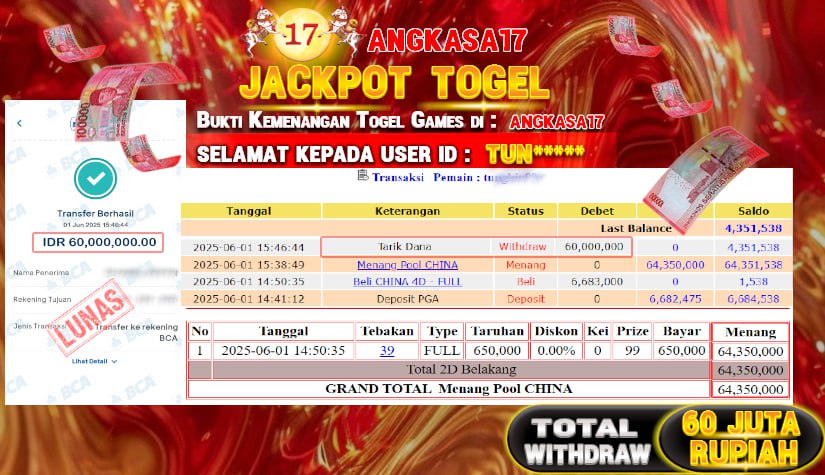 ANGKASA17 id : TUN*** KEMENANGAN BESAR TOGEL CHINA Rp. 60.000.000 ,- LUNAS