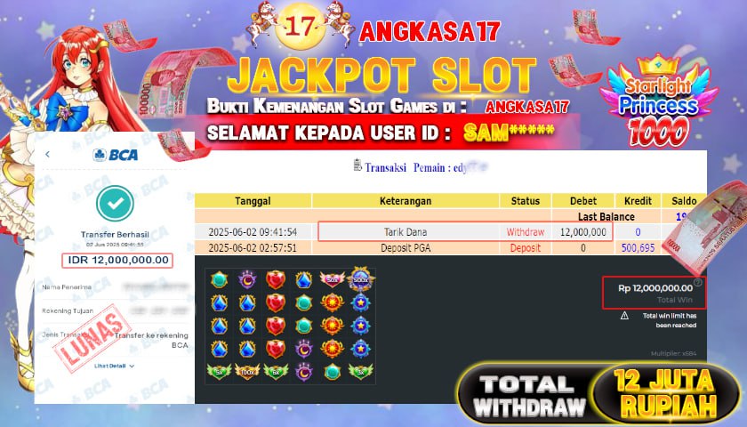 ANGKASA17 id : SAM*** JACKPOT SLOT STARLIGHT PRINCESS 1000 Rp.12.000.000 ,- LUNAS