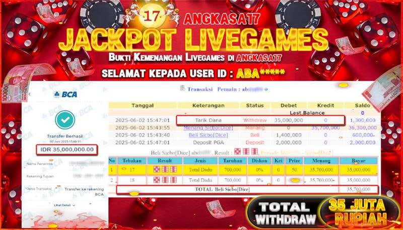 ANGKASA17 id : ABA*** JACKPOT LIVE GAME SICBO DICE  Rp. 35.000.000 ,- LUNAS
