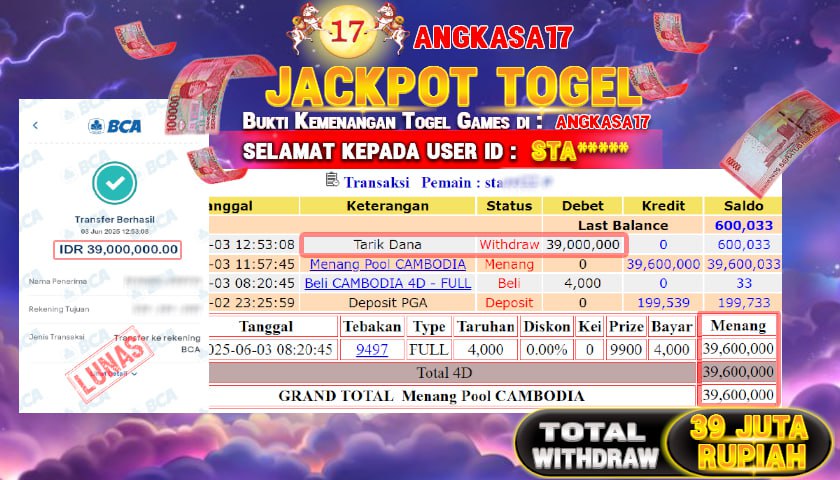 ANGKASA17 id : STA*** KEMENANGAN BESAR DI TOGEL CHINA Rp. 39.000.000 ,- LUNAS