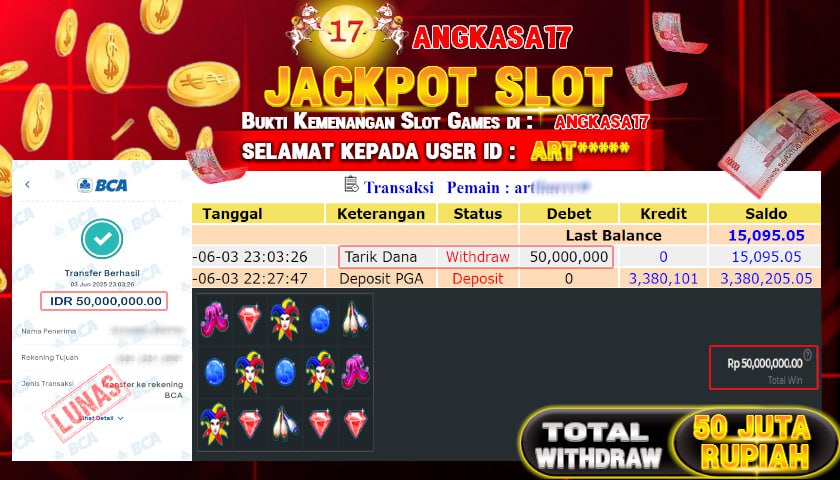 ANGKASA17 id : ART*** JACKPOT SLOT JOKER'S JEWELS Rp. 50.000.000 ,- LUNAS