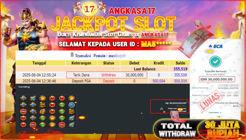 ANGKASA17 id : MAS*** JACKPOT SLOT GATES OF GATOT KACA 1000 Rp. 30.000.000 ,- LUNAS