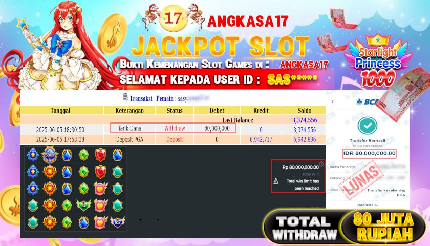 ANGKASA17 id : SAS*** JACKPOT SLOT STARLIGHT PRINCESS Rp. 80.000.000 ,- LUNAS