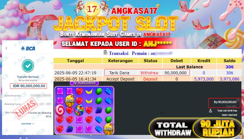 ANGKASA17 id : ANJ*** JACKPOT SLOT SWEET BONANZA 1000 Rp. 90.000.000 ,- LUNAS