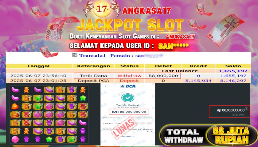 NGKASA17 id : SAM*** JACKPOT SLOT SUGAR RUSH Rp. 88.000.000 ,- LUNAS