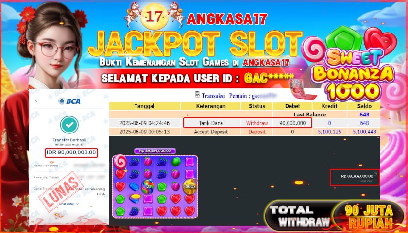 ANGKASA17 id : GAC*** JACKPOT SLOT SWEET BONANZA 1000 Rp. 90.000.000 ,- LUNAS