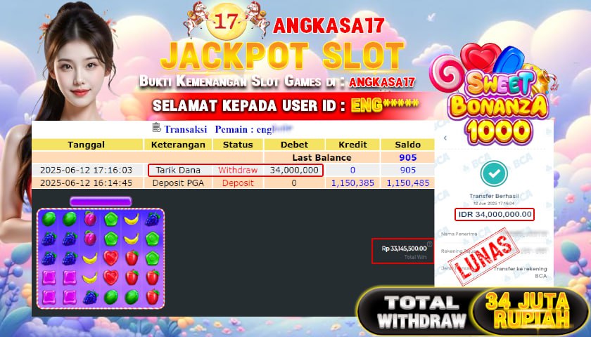 ANGKASA17 id : ENG*** JACKPOT SLOT SWEET BONANZA 1000 Rp. 34.000.000 ,- LUNAS