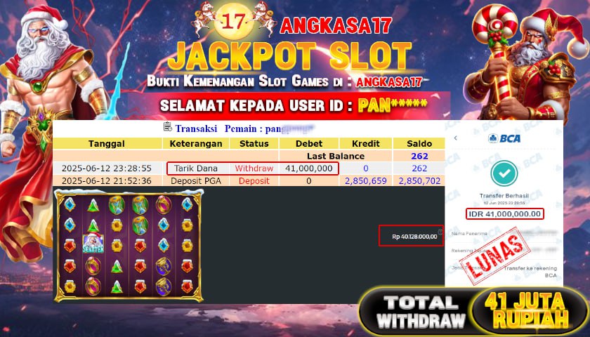 ANGKASA17 id : PAN*** JACKPOT SLOT GATES OF OLYMPUS SUPER SCATTER Rp. 41.000.000 ,- LUNAS