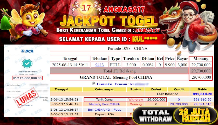ANGKASA17 id : KUL*** JACKPOT TOGEL PASARAN CHINA Rp. 29.000.000 ,- LUNAS