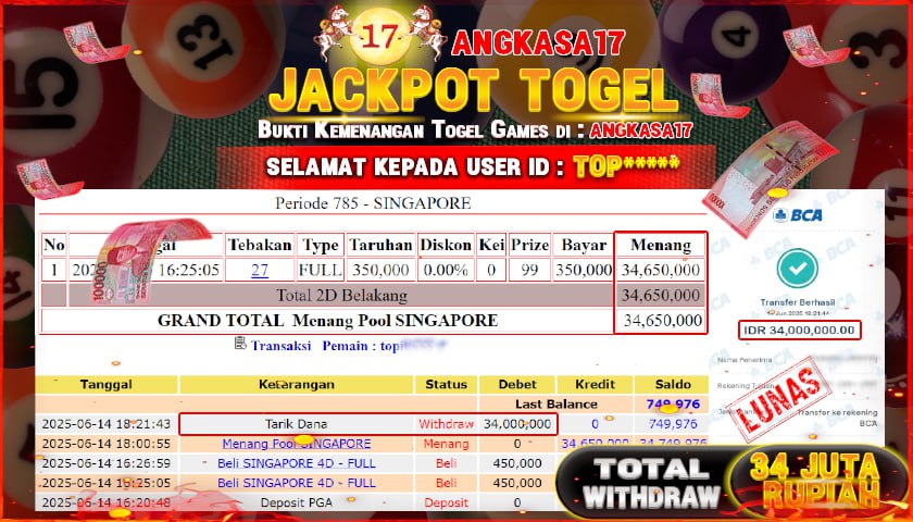 ANGKASA17 id : TOP*** JACKPOT TOGEL SINGAPORE Rp. 34.000.000 ,- LUNAS