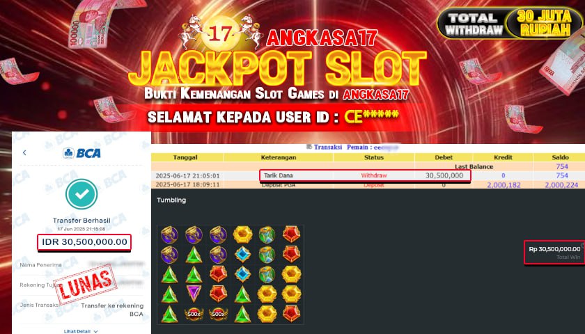 ANGKASA17 id : CEL*** JACKPOT SLOT GATES OF OLYMPUS Rp. 30.500.000 ,- LUNAS