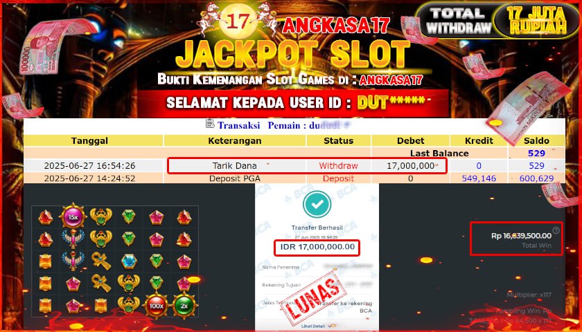 ANGKASA17 id : DUT****** MENANG JACKPOT SLOT PYRAMID BONANZA TOTAL WITHDRAW Rp.17.000.000 ,- LUNAS