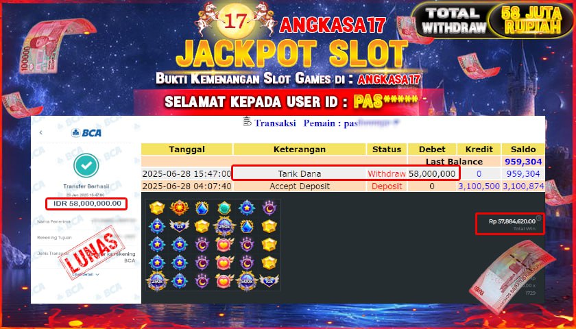 ANGKASA17 id : PAS******  JACKPOT SLOT STARLIGHT PRINCESS 1000 TOTAL WITHDRAW Rp.58.000.000 ,- LUNAS