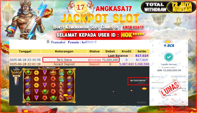 ANGKASA17 id : HOK****** JACKPOT SLOT GATES OF OLYMPUS SUPER SCATER TOTAL WITHDRAW Rp.72.000.000 ,- LUNAS