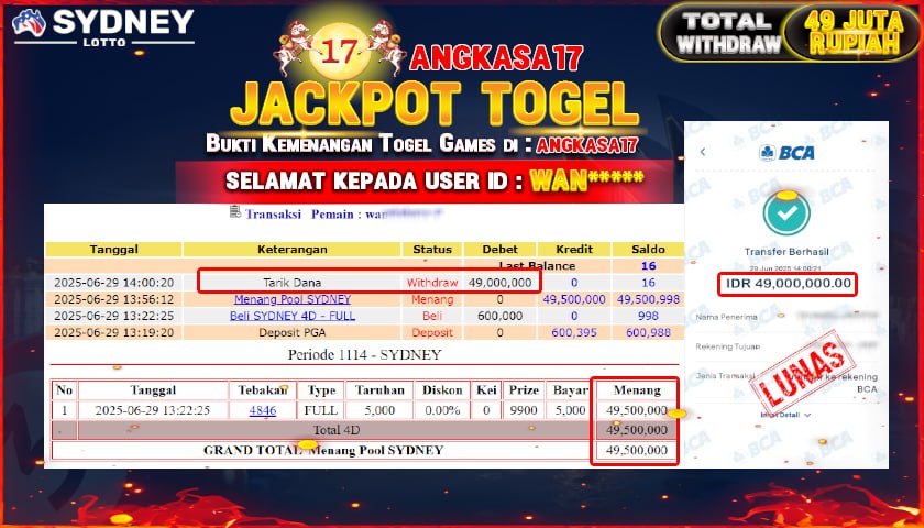 ANGKASA17 id : WAN****** KEMENANGAN BESAR PADA TOGEL PASARAN SYD LOTTO TOTAL WITHDRAW Rp.49.000.000 ,- LUNAS