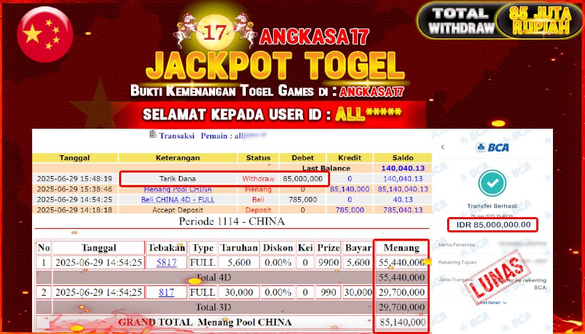 ANGKASA17 id : ALL****** KEMENANGAN BESAR PADA TOGEL PASARAN CHINA TOTAL WITHDRAW Rp.85.000.000 ,- LUNAS