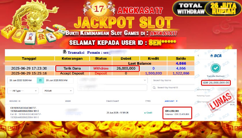 ANGKASA17 id : SEN****** JACKPOT SLOT MAHJONG WAYS 2 TOTAL WITHDRAW Rp.26.000.000 ,- LUNAS