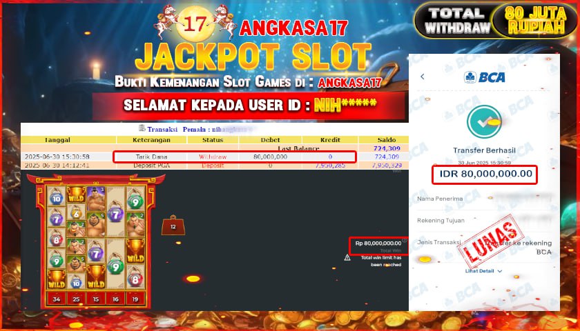 ANGKASA17 id : NIH****** JACKPOT SLOT SUMO SUPREME TOTAL WITHDRAW Rp.80.000.000 ,- LUNAS