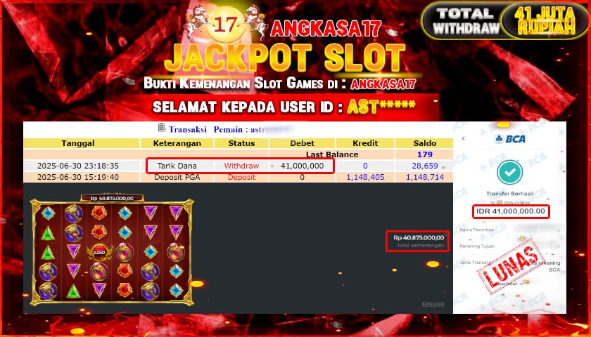 ANGKASA17 id : AST****** JACKPOT SLOT GATES OF OLYMPUS 1000 TOTAL WITHDRAW Rp.41.000.000 ,- LUNAS