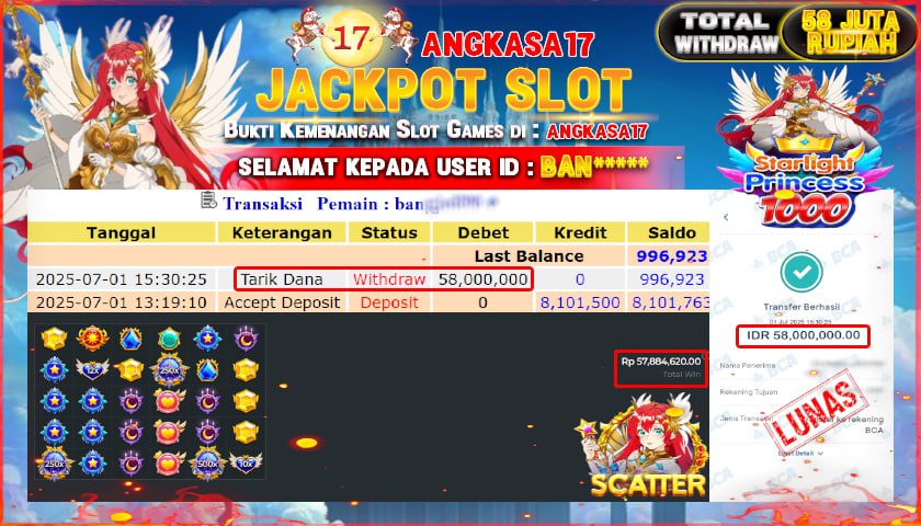 ANGKASA17 id : BAN*** JACKPOT SLOT STARLIGHT PRINCESS 1000 Rp. 58.000.000 ,- LUNAS