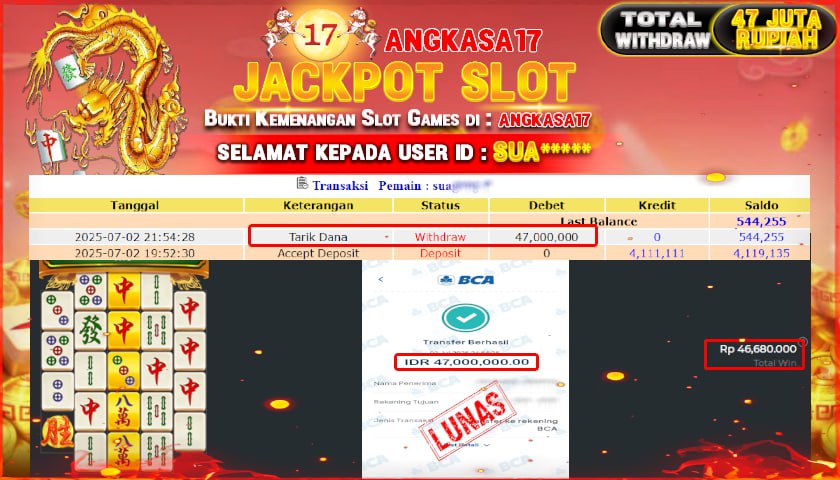 ANGKASA17 id : SUA*** JACKPOT SLOT MAHJONG WAYS 2 PG SOFT Rp. 47.000.000 ,- LUNAS