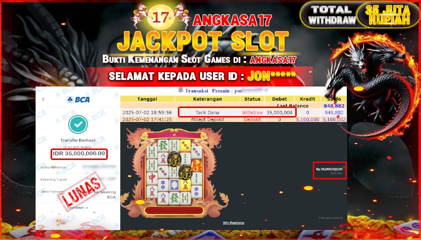ANGKASA17 id : JON*** JACKPOT SLOT MAHJONG WINS 3  Rp. 35.000.000 ,- LUNAS