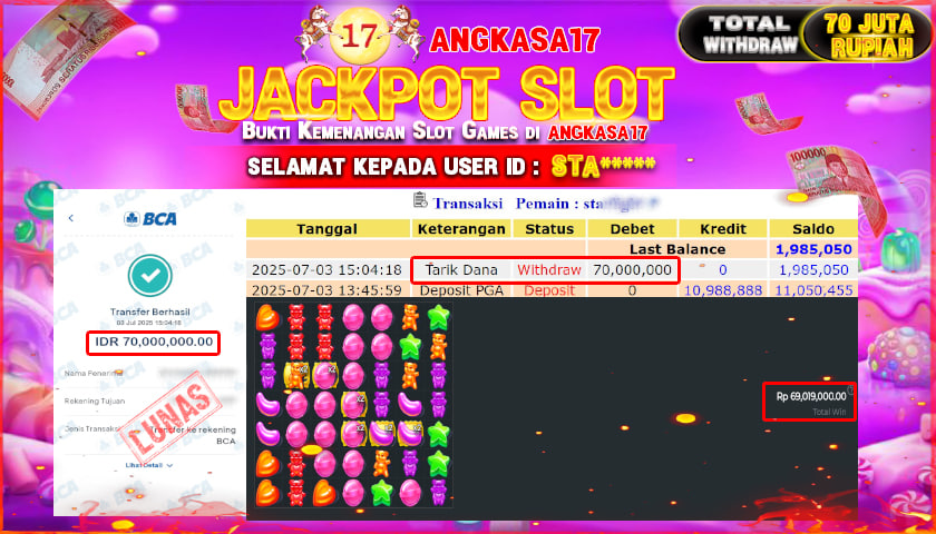 ANGKASA17 id : STA*** JACKPOT SLOT SUGAR RUSH 1000  Rp. 70.000.000 ,- LUNAS