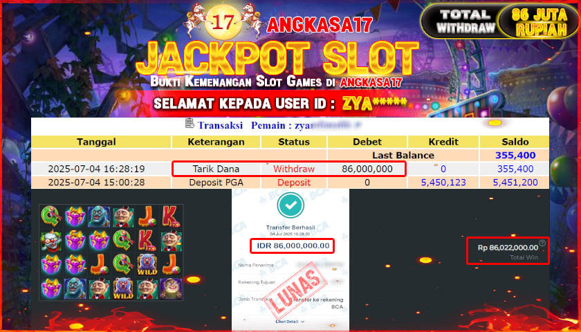 ANGKASA17 id : ZYA*** JACKPOT SLOT Zombie Carnival Rp. 86.000.000 ,- LUNAS